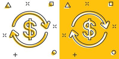 Dólar de dinheiro de desenho vetorial com ícone de seta em estilo cômico. pictograma de ilustração de conceito de dinheiro de taxa de câmbio. conceito de efeito de respingo de negócios de estratégia financeira. vetor