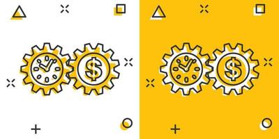 negócios de desenhos animados vetoriais e ícone de gerenciamento de finanças em estilo cômico. tempo é pictograma de ilustração do conceito de dinheiro. conceito de efeito de respingo de negócios de estratégia financeira. vetor