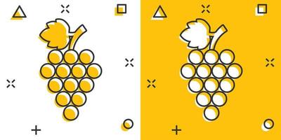 ícone de sinal de frutas de uva em estilo cômico. ilustração dos desenhos animados do vetor da videira no fundo branco isolado. efeito de respingo de conceito de negócio de uvas para vinho.