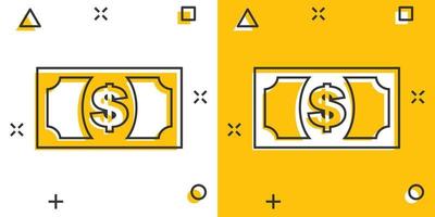 ícone de dinheiro de dólar de desenho vetorial em estilo cômico. pictograma de ilustração cifrão. conceito de efeito de respingo de negócios de moeda. vetor