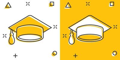 ícone de boné de formatura em estilo cômico. ilustração dos desenhos animados do vetor do chapéu da educação no fundo branco isolado. efeito de respingo de conceito de negócio de bacharel universitário.