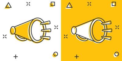 ícone de alto-falante megafone em estilo cômico. ilustração em vetor megafone dos desenhos animados no fundo branco isolado. efeito de respingo de conceito de negócio de anúncio de grito.