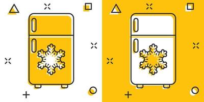 ícone de geladeira geladeira em estilo cômico. pictograma de ilustração de desenho vetorial de contêiner de freezer. efeito de respingo de conceito de negócio de geladeira. vetor