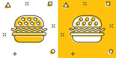 ícone de sinal de hambúrguer em estilo cômico. ilustração dos desenhos animados do vetor hambúrguer em fundo branco isolado. efeito de respingo de conceito de negócio de cheeseburger.