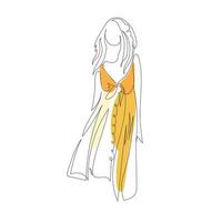desenho de linha contínua de ilustração de corpo de mulher em vestido amarelo verão vetor