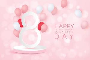 8 de março. modelo de design de vendas do dia internacional da mulher. fundo festivo com número 8, balão rosa e branco, branco número 8 no pódio redondo rosa. ilustração em vetor estoque.