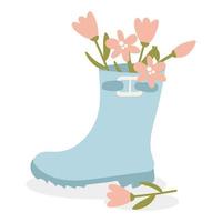 um buquê de flores em uma bota de borracha azul. ilustração em vetor plana desenhada à mão de primavera fofa em estilo cartoon, isolada em um fundo branco. use para imprimir em uma camiseta, um cartão postal para qualquer feriado