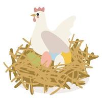 galinha de mãe fofa de desenho animado no ninho choca ovos coloridos de páscoa. ilustração em vetor isolado simples dos desenhos animados. imprimindo uma ilustração de páscoa em um cartão postal, camiseta.