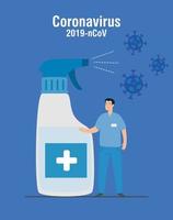 paramédico com desinfetante em spray para garrafas e partículas ncov 2019 vetor