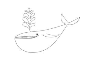 ilustração de doodle de baleia fofa. baleia desenhada de mão vetorial isolada. página para colorir para crianças. vetor