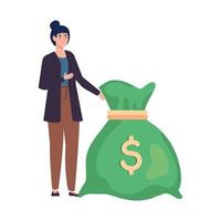 mulher com bolsa de dinheiro, desenho de bolsa de dinheiro e cifrão