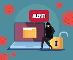 hacker e laptop com sinal de alerta durante a pandemia covid 19 vetor