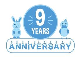9º aniversário. banner de comemoração de aniversário de nove anos com tema azul para crianças. vetor