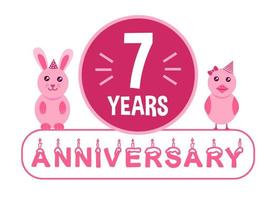 7º aniversário. banner de comemoração de aniversário de sete anos com tema de animais rosa para crianças. vetor