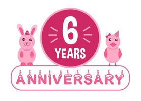 6º aniversário. banner de comemoração de aniversário de seis anos com tema de animais rosa para crianças. vetor