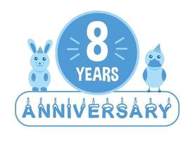 8º aniversário. banner de comemoração de aniversário de oito anos com tema azul para crianças. vetor