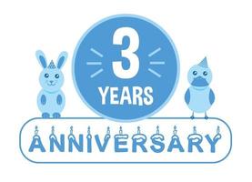 3º aniversário. banner de comemoração de aniversário de três anos com tema de animais azuis para crianças. vetor