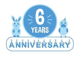 6º aniversário. banner de comemoração de aniversário de seis anos com tema de animais azuis para crianças. vetor