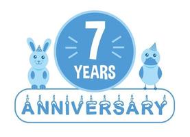 7º aniversário. banner de comemoração de aniversário de sete anos com tema de animais azuis para crianças. vetor