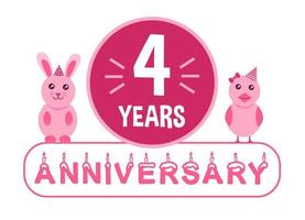 4º aniversário. banner de comemoração de aniversário de quatro anos com tema de animais rosa para crianças. vetor