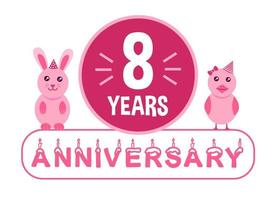 8º aniversário. banner de comemoração de aniversário de oito anos com tema de animais rosa para crianças. vetor