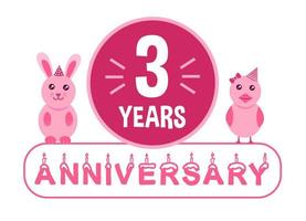 3º aniversário. banner de comemoração de aniversário de três anos com tema de animais rosa para crianças. vetor
