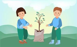 crianças com mudas para plantar .tu bishvat. feriado judaico. ano novo para árvores. ilustração em vetor desenho animado doodle.