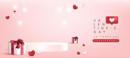 banner de venda do dia dos namorados backgroud com exibição de produto forma cilíndrica e caixa de presente laço vermelho vetor