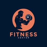 logotipo do centro de fitness. design de logotipo esportivo e fitness. estoque de vetor de design de ícone de logotipo de academia ou emblema com silhueta de mulher e homem. mulher e homem segurando halteres.