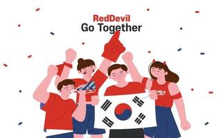 time de torcida de futebol coreano red devils. pessoas com taegeukgi e pessoas com as mãos para cima. vetor