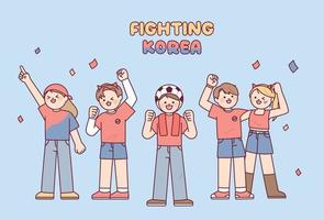time de torcida de futebol coreano red devils. pessoas em camisetas vermelhas estão torcendo com as mãos para cima. vetor