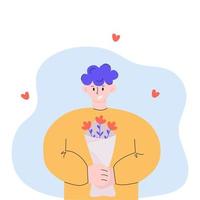 ilustração de jovem dá buquê de flores para férias ou em um encontro. romântico, namorado, saudação. perfeito para tópicos como dia dos namorados, 8 de março, festival, celebração. vetor