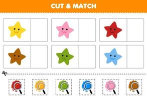 jogo de educação para crianças cortar e combinar a mesma cor da folha de trabalho de natureza imprimível de estrela de desenho animado bonito vetor