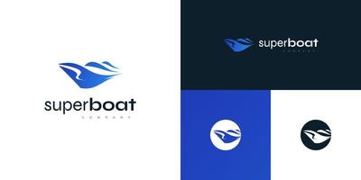 design de logotipo de barco super moderno azul. logotipo de veleiro, cruzeiro ou iate vetor