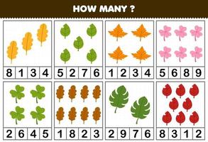 jogo educacional para crianças contando quantas folhas de desenho animado fofas em cada planilha de natureza imprimível da tabela vetor