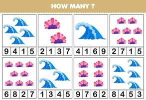 jogo educacional para crianças, contando quantas ondas ou corais bonitos de desenho animado em cada tabela, planilha de natureza imprimível vetor