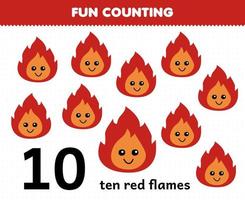 jogo educativo para crianças divertidas contando dez chamas vermelhas planilha de natureza imprimível vetor