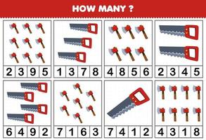 jogo de educação para crianças contando quantos desenhos animados bonitos viu ou machado em cada tabela de planilha de ferramenta imprimível vetor
