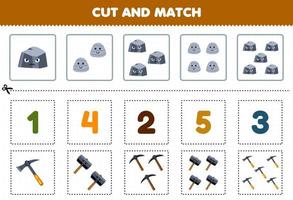 jogo de educação para crianças cortar e combinar o mesmo número de martelo de picareta de desenho animado bonito e planilha de ferramenta de impressão de pedra vetor