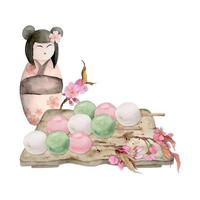 doces japoneses tradicionais desenhados à mão em aquarela. primavera dango, flor de cerejeira sakura, boneca kokeshi. isolado no fundo branco. para convites, menu de restaurante, cartões comemorativos, impressão, têxtil vetor