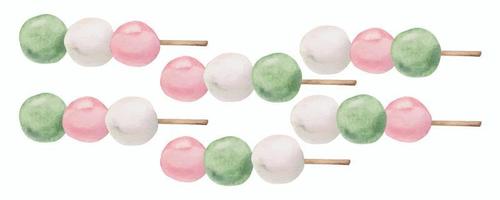 doces japoneses tradicionais desenhados à mão em aquarela. dango de três cores, rosa, branco e verde. isolado no fundo branco. design para convites, menu de restaurante, cartões comemorativos, impressão, têxtil vetor