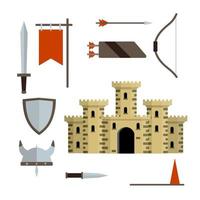 conjunto medieval de item. castelo europeu com torre, escudo, espada, bandeira vermelha, torneio, flecha, arco, aljava, capacete de viking. sujeito histórico. ilustração plana dos desenhos animados. armadura velha e armas de cavaleiro vetor