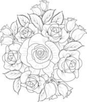 buquê de rosas, de desenho de flores para cartão ou impressão. ilustração de flores pintadas à mão isolada em fundos brancos, páginas para colorir florais de arte de tinta gravada e livros para impressão. vetor