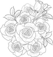 buquê de desenho a lápis desenhado à mão rosa, página para colorir e livro para adultos isolados em fundo branco tatuagem de elemento floral, arte de tinta de ilustração, coleta de primavera de rosas vermelhas em flor. vetor