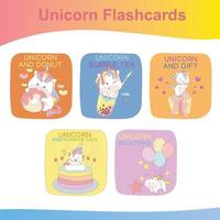 Flashcards de unicórnio para crianças. flashcards fofos para crianças. flashcards de coleções de unicórnios. cartões de jogo para impressão. ilustração vetorial. vetor