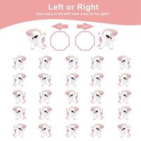 planilha de jogo de unicórnio esquerdo ou direito. contando jogo de unicórnio para crianças. conte e escreva atividade de resposta para crianças. planilha de matemática educacional para impressão. arquivo vetorial. vetor