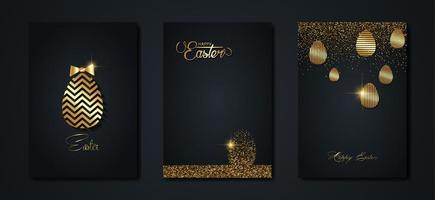 definir cartão feliz páscoa ouro textura, fundo moderno preto luxo dourado. coleção de modelos de convites de férias de páscoa com letras desenhadas à mão e ovos de páscoa dourados. ilustração vetorial de moda vetor