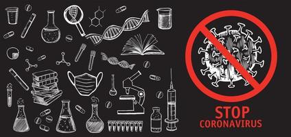 conjunto de ícones de mão desenhada de vetor de pesquisa de laboratório. coronavírus, dna, exame de sangue.