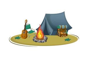 acampamento turístico com barraca e fogueira. turismo de aventura e estilo de vida ativo. banner para camping, ecoturismo, viagens. ilustração vetorial. vetor