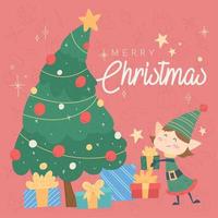 árvore de natal e desenho de elfo de menina kawaii vetor de cartão de feliz natal